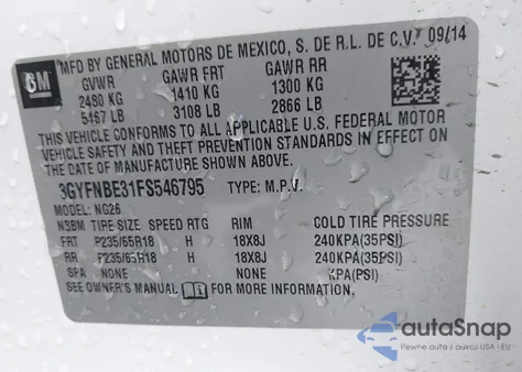 2015 Cadillac Srx Luxury Collection z USA, uszkodzony, nr VIN 3GYFNBE31FS546795